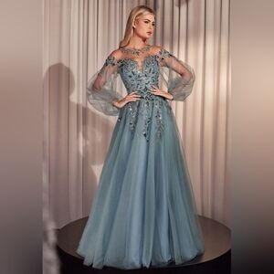 Dusty Blue Long Sleeve A-line Tulle & Lace Gown